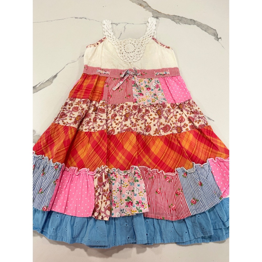 Cutey Couture Girls Patchwork Boho Tiered Ruffle Dress Crochet Lace 4/5 Years